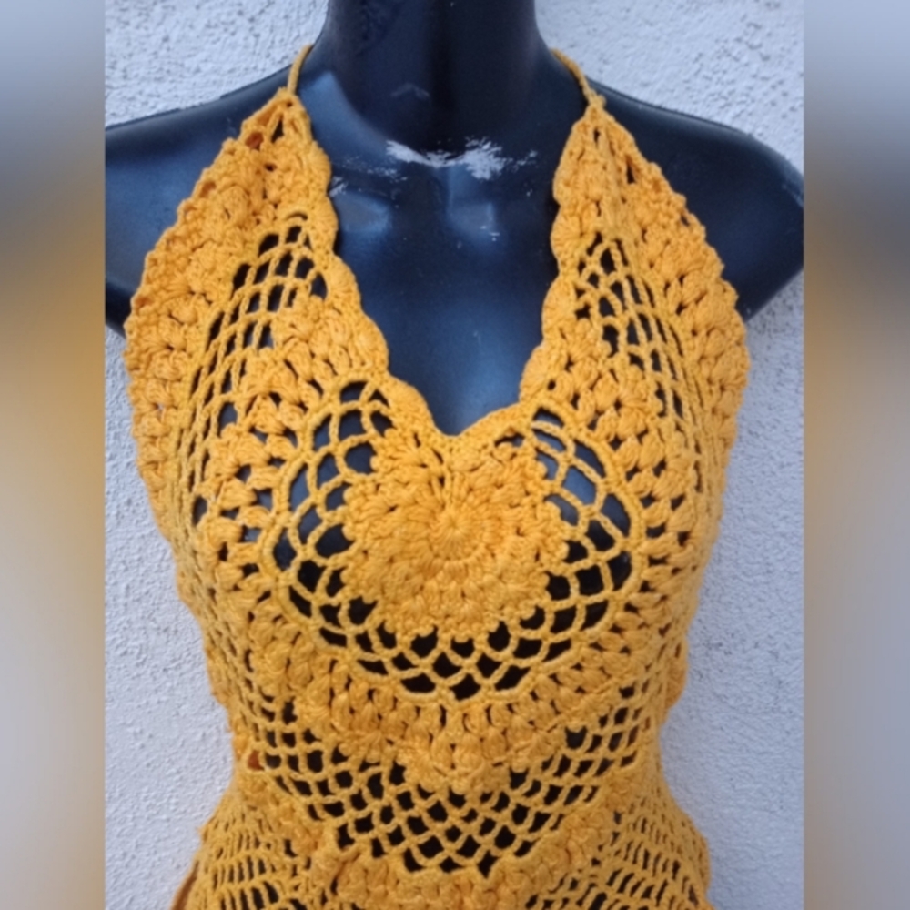 Crochet Blouse Handmade Festival Fit Concert Summer Baddie Yellow Gold Small